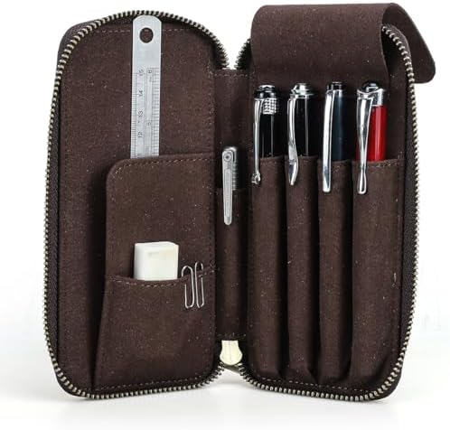 CONTACTS Full Grain Crazy Horse Leather Pencil Case Handmade Vintage Zipper Pen Holder Pouch with Card Slot Pens Organizer Pockets Stationery Bag for Men by CONTACTS