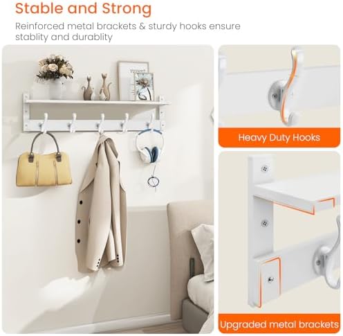 Homode Coat Rack with Wall Shelf, 29" Wooden Hanging Coat Hanger, White - Image 3