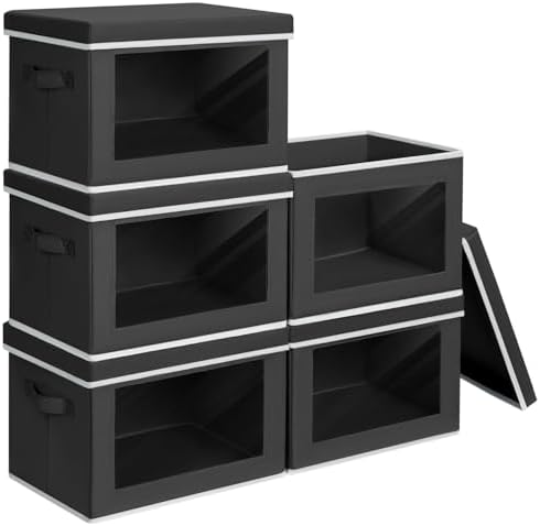 Homsorout Storage Boxes with Lids - 5 Pack Foldable Clear Window Storage Bins, Large Decorative Storage Bins with Handles, Storage Containers for Clothes, Towel, Blanket, Sheet, Black by Homsorout