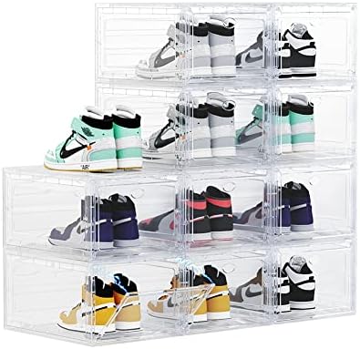 Large Clear Plastic Shoe Boxes Stackable Organizing Sneaker, 10 Pack Drop Front Shoe Storage Boxes for Closet, plastic shoe storage entryway for Size 12 (Clear 10 Pack) by OMOPINSHOEBOX