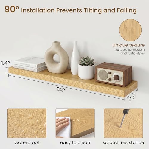 Dreamland 32inch Floating Shelves for Wall, Rustic Oak Floating Shelves for Bathroom|Bedroom|Kitchen, Deep Wall Mounted Book Shelf, Wood Storage Display Shelf for Home Decor, Set of 2 - Image 3