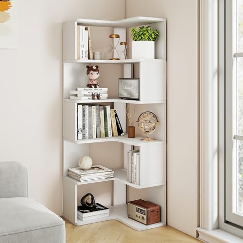 6-Tier L-Shaped Corner Bookshelf, 63" Tall Freestanding Wood Grain Corner Bookcase with Safety Baffle, Space-Saving Corner Shelf Storage for Living Room, Bedroom, Home Office, White by Cuzobro
