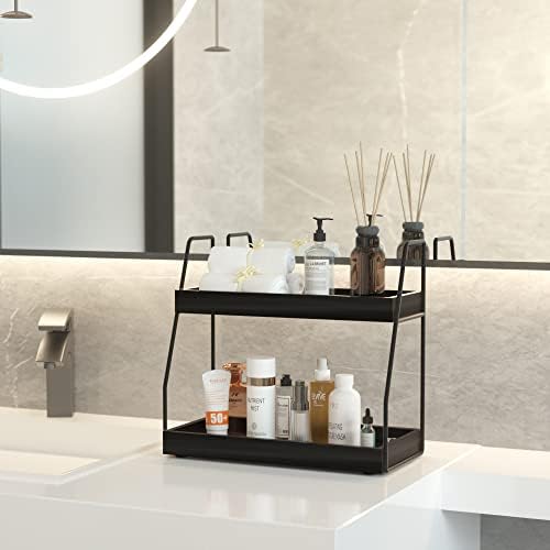 ZGO 2-Tier Modern Bathroom Counter Organizer, Wooden Sink Organizer Shelf for Vanity Storage, Makeup Bedroom Corner (Black Frame, 2 Shelves) - Image 4