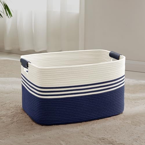 60L Woven Laundry Basket Hamper with Leather Handles,Navy by SunNewt