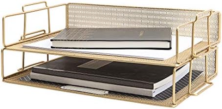 BLU MONACO | Paper Tray Stackable Gold Mesh Set of 2 | Stackable File Trays for Desk Organization | Tiered Desk Organizer with Metal Letter Trays by Blu_Monaco