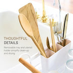 YAMAZAKI Home Dish Drying Rack – Modern White Dish Rack for Kitchen Counter with Removable Drying Tray and Cutlery Holder, Steel + Wood Dish Drying Organizer - Steel + Wood - - Image 6