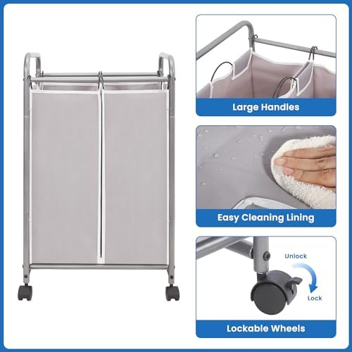 STORAGE MANIAC 2 Section Laundry Sorter, Laundry Hamper with Wheels, Gray - Image 6