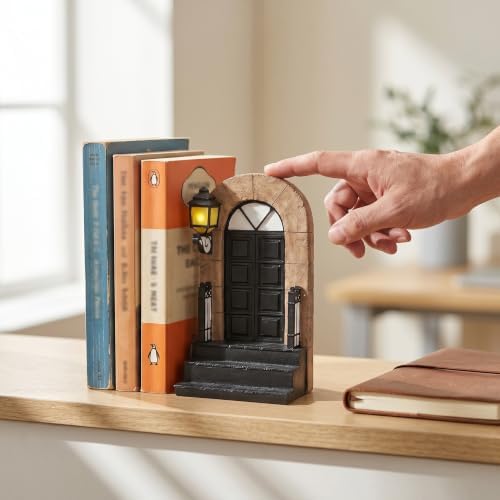 1 Pcs Decorative Bookend with Lighted Lantern, Vintage Resin Book End for Shelves, Unique Book End Weighted Rustic Book Holder for Home, Office and Library Decor (A) - Image 4