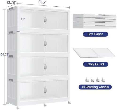 640QT Extra Large Stackable Storage Bins with Lid, 160Gal Plastic Closet Organizers and Storage Drawer, Collapsible Cabinet Box with Wheels Clear Doors for Home Kitchen Office, 4Pack White - Image 2