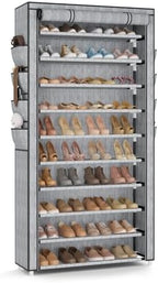 VTRIN Tall Shoe Rack with Cover, 10 Tier Shoe Organizer Storage for 50-55 Pairs Shoes and Boots Large Capacity Shoe Shelf with 8 Pockets Free Standing Shoe Rack for Closet, Entryway, Garage, Printing by VTRIN
