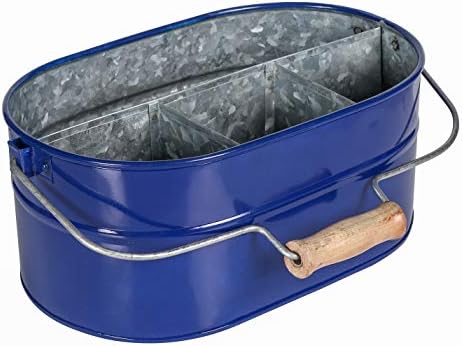 Alpha Living Home 4 -Section Galvanized Utensil Silverware Caddy - Farmhouse Organizer with 4 Compartments and Wooden Handle - Versatile Storage for Kitchen, Outdoor & Party Essentials (Blue) by ALPHALivingHOME