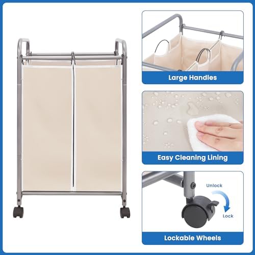 STORAGE MANIAC 2 Section Laundry Sorter, Laundry Hamper with Wheels, Beige - Image 6