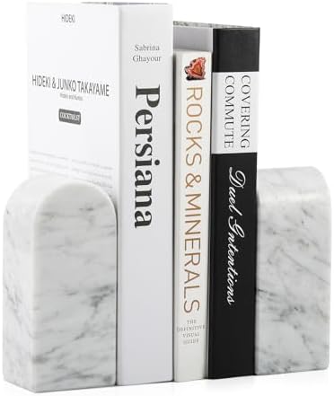 Koville Italian Carrara Marble Bookends for Shelves, Decorative Book Ends, 7lbs Heavy-Duty Marble Book Holders, Bookshelf Apartment Decor for Normal Books/CD/Video Games by Koville