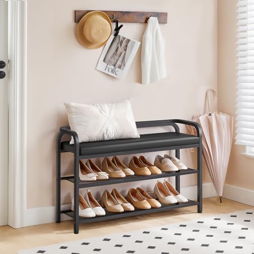 YATINEY Shoe Bench with Backrest, 35.4" Long Entryway Bench, 2-Tier Shoe Rack with PU Padded Seat, Upholstered Shoe Storage Bench with Back, for Hallway, Entryway, Foyer, Bedroom, Black HX14BB - Image 2