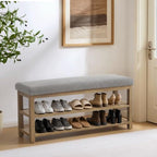 Zihanhome Shoe Rack Bench with Cushion, 2 Tier Solid Wood Storage Bench, Mid-Century Modern Shoe Bench for Entryway, Hallway, Closet, Front Door Entrance, Foyer (Grey, 46.5") - Image 3