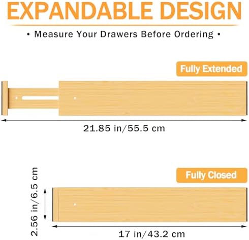 Bamboo Drawer Dividers Organizers, 2.56" High, 17"-21.8" Adjustable, 8 Pack - Image 2
