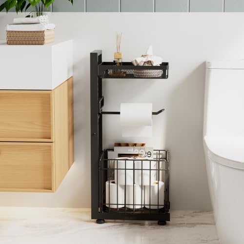 Toilet Paper Holder Stand with Storage Shelf (Black) - Image 6