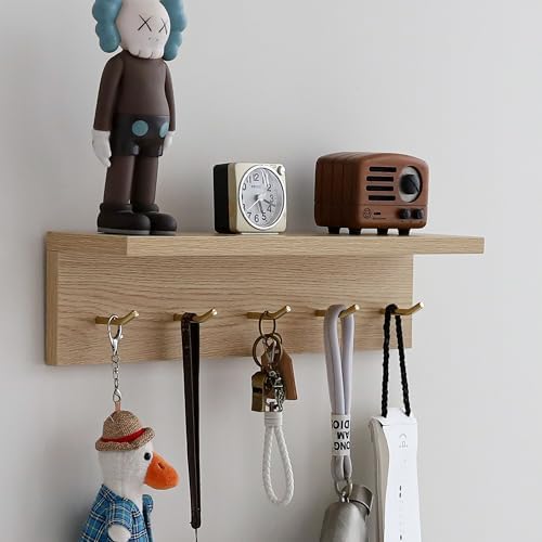 Marine Plywood Wall Mounted Coat Rack with Shelf & Key Hooks, 5 Brass Hooks Entryway Organizer, Modern Floating Shelf for Bedroom Hallway, Space-Saving Home Storage Rack (1, Oak Finish) by CreatedOn2005