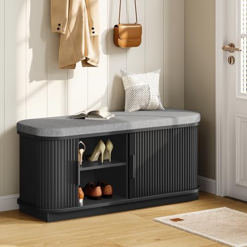 CHOEZON 39.4" Fluted Shoe Storage Bench with Cushion and Sliding Door - Image 2