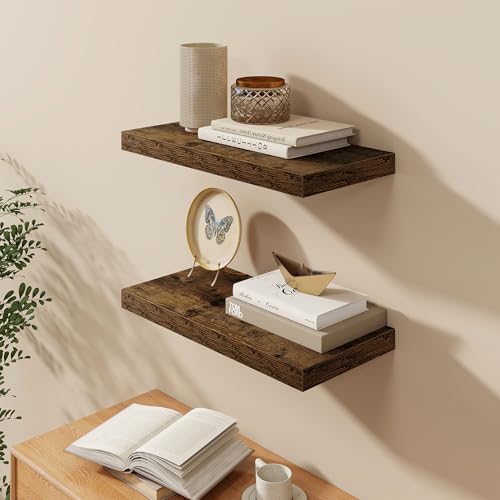 Fun Memories Floating Shelves 24 Inch Long, 9.3 Inch Deep Floating Shelf for Lving Room, Bedoom, Kitchen, Deep Wall Shelves for Bathroom, 2 Pack Storage Display Shelf for Books, Decors, Rustic Brown - Image 2