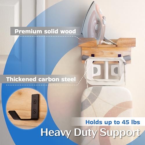 Solid Wood Ironing Board Hanger Wall Mount - Laundry Room Organization & Storage - Wooden T Shaped Leg Iron Board Holder Cabinet - Laundry Room Decor Accessories - Handheld Garment Steamer Iron Holder - Image 4