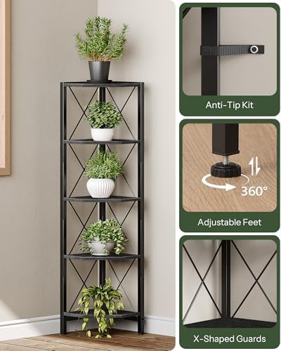 CHOEZON 5-Tier Corner Shelf, Corner Bookcase, 55.2" Tall Vertical Display Rack, Plant Stand, Open Storage Shelf, for Living Room, Bedroom, Study, Kitchen, Black TCJ12BB - Image 3