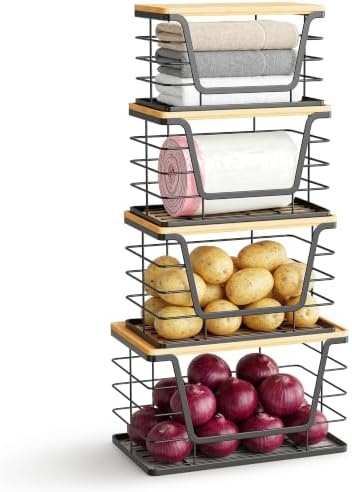 ALOCEO 4 Pack Stackable Storage Bins with Lids, Stainless Steel Trash Bag Dispenser Roll Holder for for Kitchen Sink, Laundry, Pantry Organizer and Storage, Black by ALOCEOWallHooksAdhesive