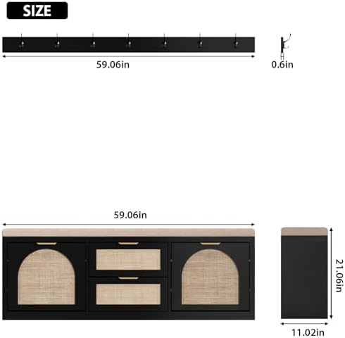 Rattan Narrow Entryway Bench with Shoe Storage, 4 Drawers & Coat Rack, Mid-Century Modern Wood Shoe Cabinet with Seat Cushion for Foyer/Hallway (Black) - Image 2
