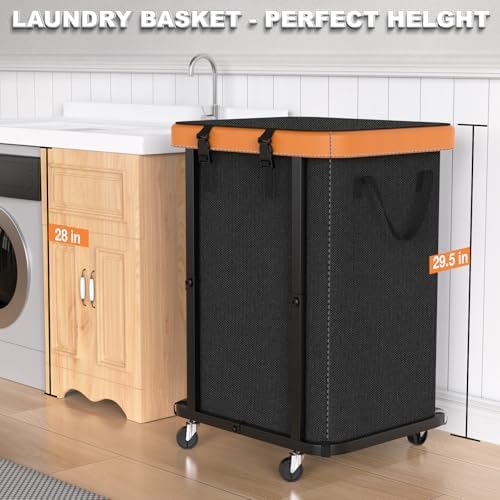 Laundry Hamper with Wheels,150L Leather Patchwork Clothes Hamper Black - Image 4