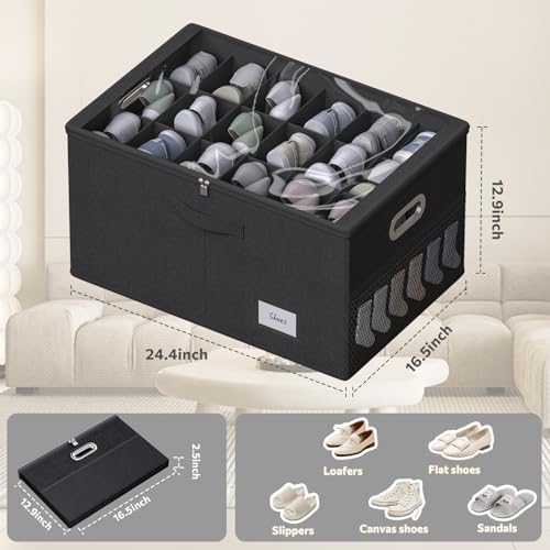 Shoe Organizer for Closet, Shoe Box Storage Containers Fit 18 Pairs Foldable Shoe Storage Bins with Clear Cover & Adjustable Dividers for Shoes Blankets Linen Clothing (Black, (24.4*16.5*12.9)x1) - Image 3