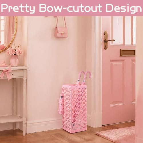 Hicarer Pink Bow Umbrella Holder for Entryway with Drip Tray and 4 Hooks - Image 5