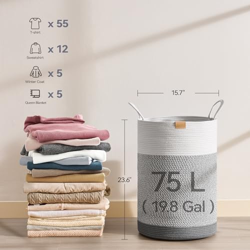 Nunsino Laundry Hamper 75L,Large Laundry Basket for Clothes,Decorative Storage Basket for Blankets,Cotton Rope Woven basket for bedroom,Grey White - Image 6