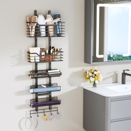 Consumest 6-Tier Hair Tool Organizer - Hair Dryer Holder Over The Door/Wall Mounted DIY Adjustable Shelf Bathroom Door Organizer with Hook for Curling Iron/Blow Dryer/Straightener Black - Image 3