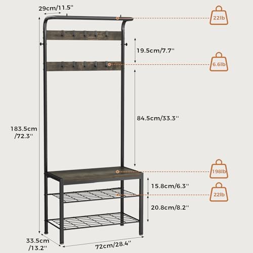 Hall Tree with Bench and Shoe Storage, 4-in-1 Entryway Organizer with 10 Hooks and Storage Shelf,Coat Rack Freestanding with 2-Tier Storage Shelf for Living Room, Bedroom Gray - Image 3