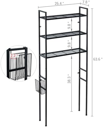 MyGift 3 Tier Over The Toilet Storage, Freestanding Bathroom Organizer Shelf, Above Toilet Rack with Removable Magazine Holder Basket, Black Metal Cabinet for Laundry Space Saver, 26.4x7.8x63.6 Inch - Image 5