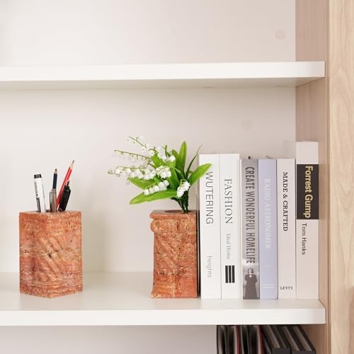 Decorative Roman Column Book Ends & Vase - Heavy Duty Marble Book Ends for Heavy Books, Vintage Home Office Decor, Dual Use as Flower Vase, Natural Stone Bookends for Shelves (2PC, Red) - Image 7