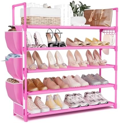 VILICK Shoe Rack for Closet Shoe Organizer Space Saver Storage for 20-25 Pair Shoe Shelf with Hook and Side Pocket Free Standing 5 Tier Shoe Rack Organizer for Entryway,Small Spaces, Pink by VILICK