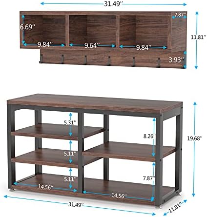 Tribesigns Industrial [Shoe] [Rack] [Bench] with Coat [Rack] Set with Hall Tree, 3 Storage Cubbies, 7 Hooks for Entryway, Hallway, 5-in-1Design, Rustic Brown - Image 2