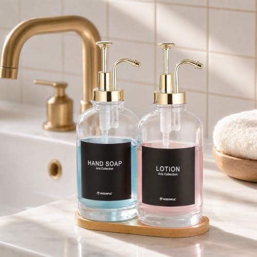 Kitchen Soap Dispenser Set of 2, 16.9 oz Glass, Gold Stainless Steel Pump - Image 4
