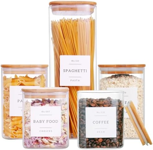 CZZGSM 5 Pack Square Glass Pantry Storage Containers with 132 Kitchen Food Pantry Labels - Clear Glass Jars with Airtight Wood Bamboo Lids - Glass Canisters for Cookies, Nuts, Cereal by CZZGSM
