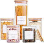 CZZGSM 5 Pack Square Glass Pantry Storage Containers with 132 Kitchen Food Pantry Labels - Clear Glass Jars with Airtight Wood Bamboo Lids - Glass Canisters for Cookies, Nuts, Cereal by CZZGSM