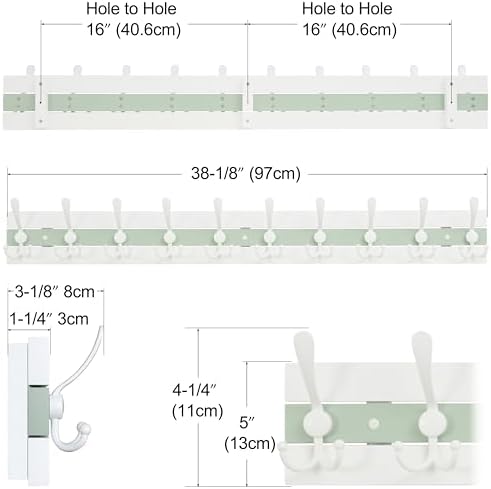 SKOLOO Coastal Coat Rack Wall Mount-38-1/8 Beach House Entryway Wooden Coat Hook with 10 Hooks for Hanging Coats, Hats or Towels, Oceanfront Cottage Core Collection, White & Green, Pack of 2 - Image 4