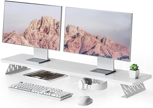 Fenge Monitor Stand Riser, Wooden & Metal Desk Shelf Organizer, White by Fenge