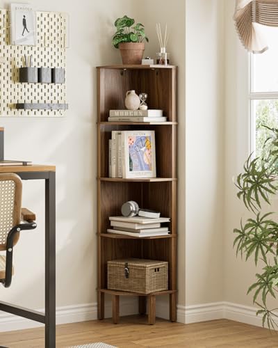 Corner Shelf, 5 Tier Corner Bookshelf, Display Corner Shelf Stand with Storage Rack, Wall Corner Bookshelf for Living Room, Bedroom, Office, Walnut - Image 3