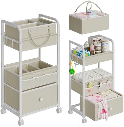 Cidaziya 2In1 Baby Diaper Caddy Organizer and Storage, 3 Tier Rolling Cart with Drawer, Detachable Dividers, Mobile Utility Cart Baby Dresser Clothes Organizer for Baby Essentials, Bedroom, Nursery by Cidaziya