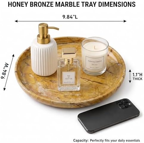 YKAJO Honey Bronze Round Marble Tray, 10" Deep Catchall Vanity Organizer - Image 3