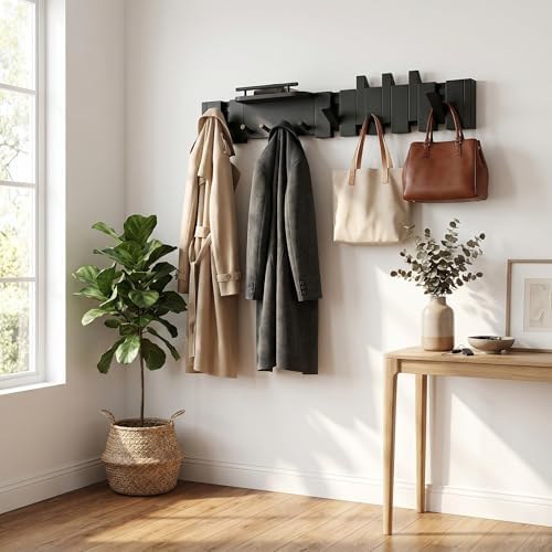 Mid Century Modern Walnut Foldable Entryway Wall Coat Hanger Hook with Shelf,Heavy Duty Wooden Piano Hidden Towel Hooks for Bathroom,Wall Rack for Purse&Key&Mail,Home Decor (Black, 9 Hooks) - Image 2