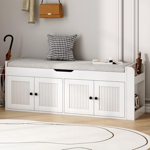 47.2" Storage Bench - Entryway Shoe Bench with Side Storage Shelves and 4 Doors, Multifunctional Entryway Bench with Lift Top Cushion, Shoe Storage Bench for Bedroom, Living Room, White by AboutBrand