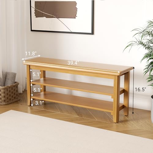 Shoe Rack Bench Mid Century Modern 2-Tier Shoe Rack Organizer for Entryway Hallway or Living Room Farmhouse Rustic Wooden Seat Bench Natural 11.8" Dx39.4 Wx16.5 H - Image 2