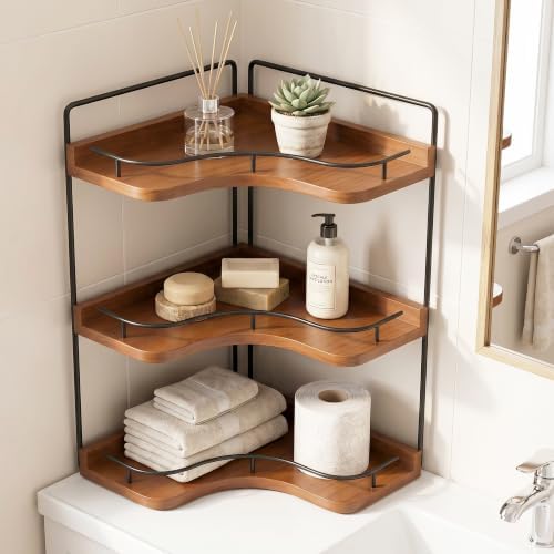 3-Tier Corner Bathroom Counter Organizer, Solid Wood Corner Shelf by Unknown